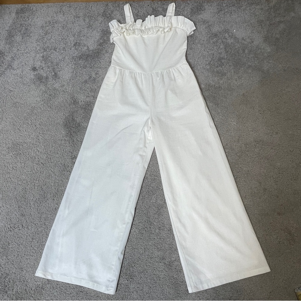 Lucca Ivory Linen Wide Leg Ruffled Jumpsuit with pockets size small